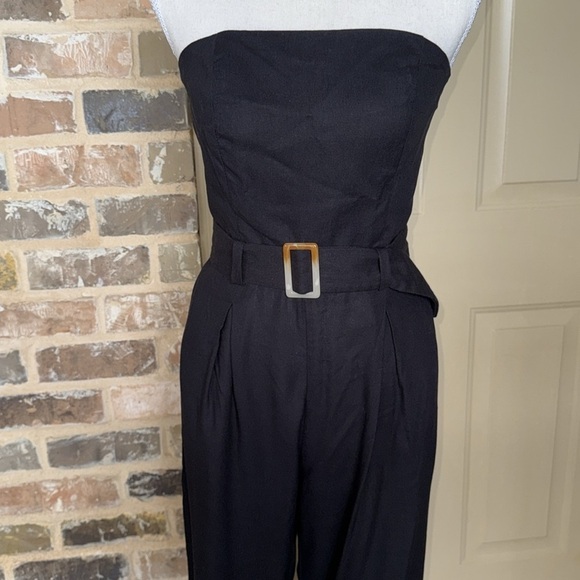 Monteau Black Strapless Jumpsuit Belted Linen Blend Wide-Leg Palazzo Style Sz M - Picture 2 of 13